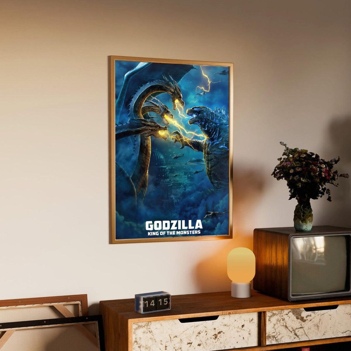 Godzilla: King of the Monsters (2019) Movie Ghidorah Battle Art poster in an oak frame above a sideboard