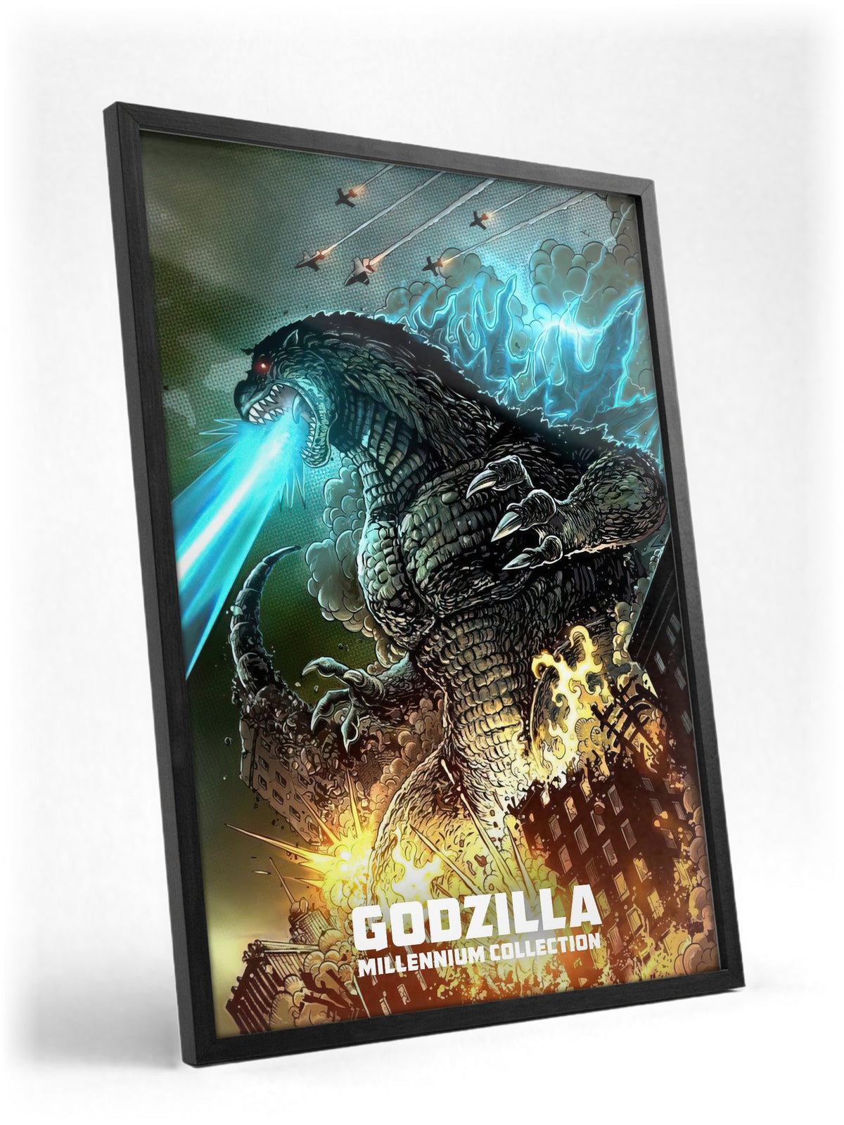 Godzilla Millennium Era Movie Collection Art poster in a black frame with glass leaning against a wall