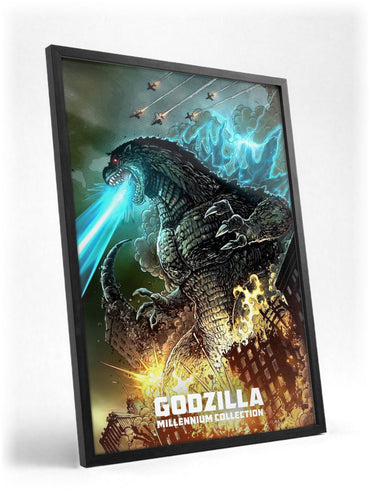 Godzilla Millennium Era Movie Collection Art poster in a black frame with glass leaning against a wall
