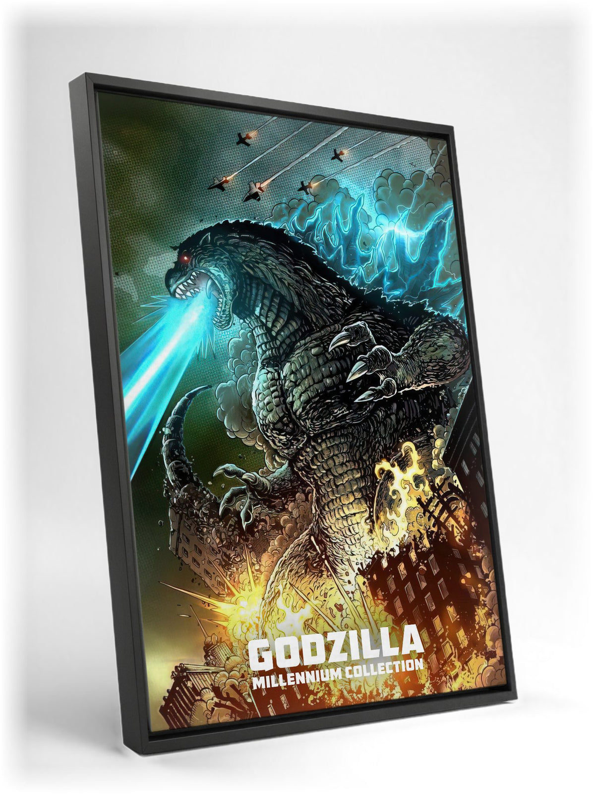 Godzilla Millennium Era Movie Collection Art as a black floater framed canvas leaning against a wall