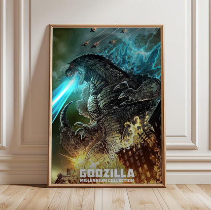 Godzilla Millennium Era Movie Collection Art poster in a light oak frame leaning against a white wall