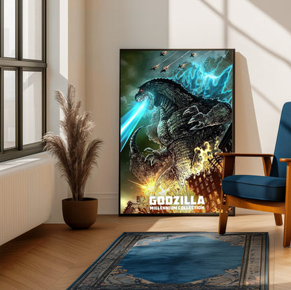 Godzilla Millennium Era Movie Collection Art poster framed beside a blue armchair in a sunlit room