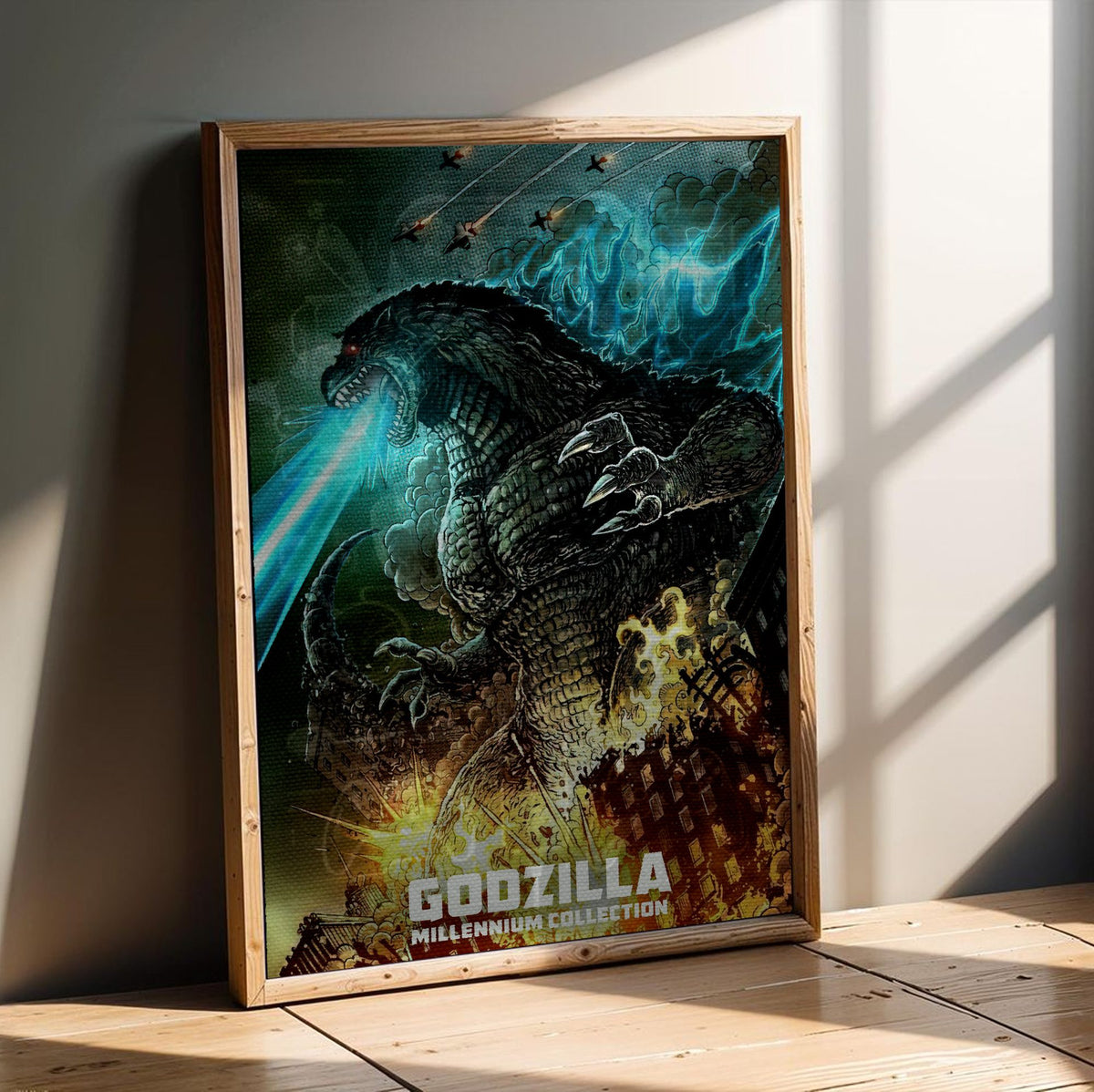 Godzilla Millennium Era Movie Collection Art poster in an oak frame leaning on a wooden floor