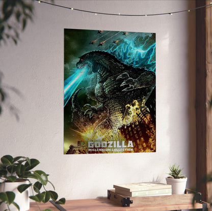 Godzilla Millennium Era Movie Collection Art poster unframed on a white wall above a desk