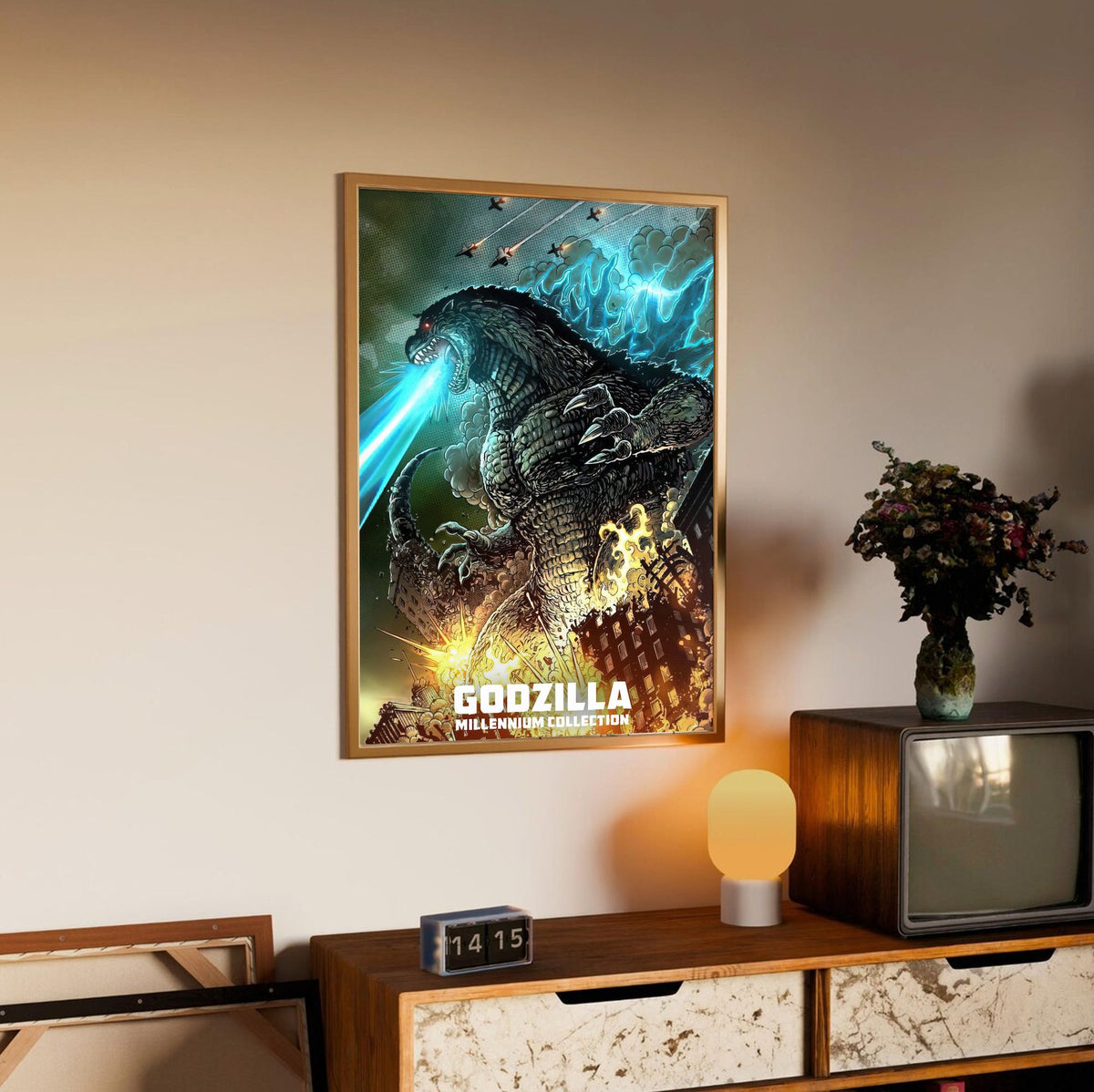 Godzilla Millennium Era Movie Collection Art poster in an oak frame above a sideboard