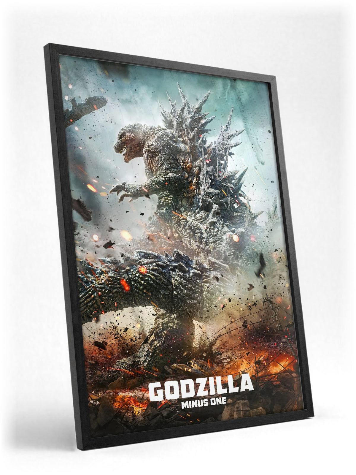 Godzilla Minus One (2023) Movie Key Art poster in a black frame with glass leaning against a wall