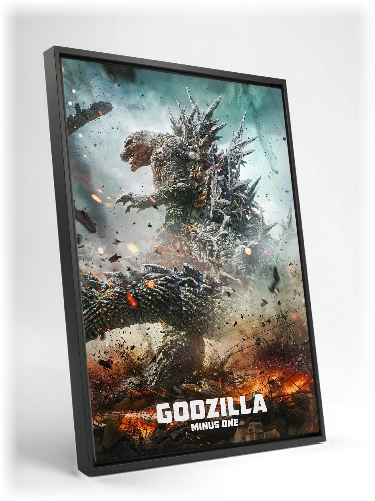 Godzilla Minus One (2023) Movie Key Art as a black floater framed canvas leaning against a wall