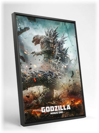 Godzilla Minus One (2023) Movie Key Art as a black floater framed canvas leaning against a wall