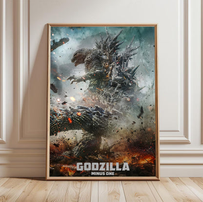 Godzilla Minus One (2023) Movie Key Art poster in a light oak frame leaning against a white wall