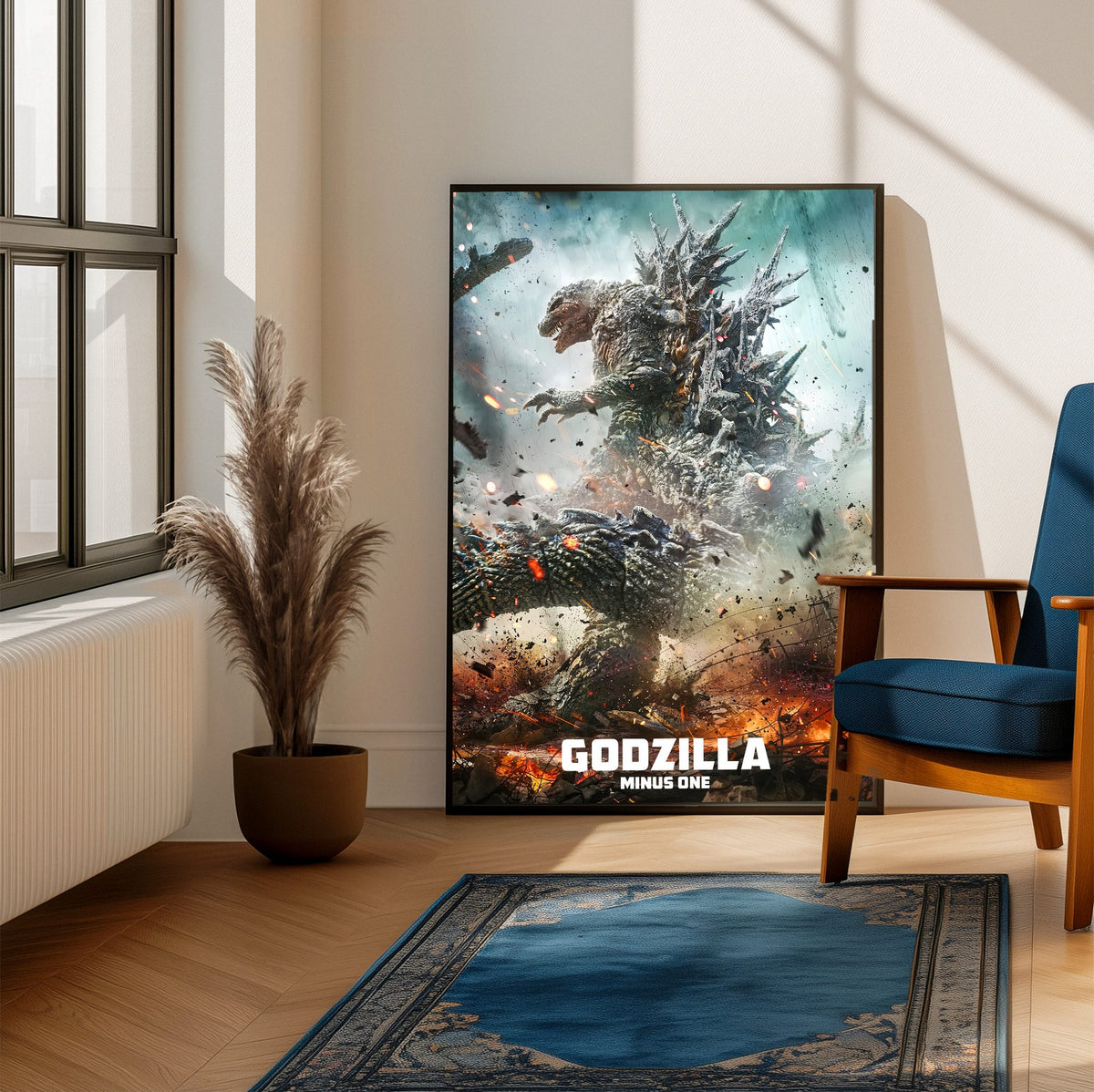 Godzilla Minus One (2023) Movie Key Art poster framed beside a blue armchair in a sunlit room