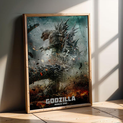 Godzilla Minus One (2023) Movie Key Art poster in an oak frame leaning on a wooden floor