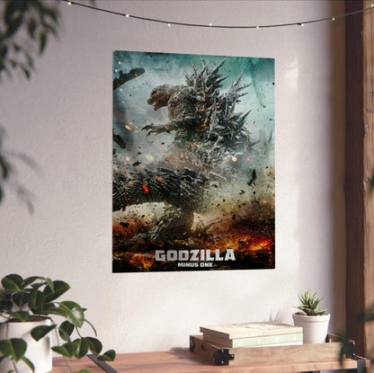 Godzilla Minus One (2023) Movie Key Art poster unframed on a white wall above a desk