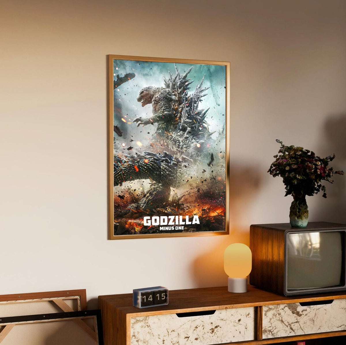 Godzilla Minus One (2023) Movie Key Art poster in an oak frame above a sideboard
