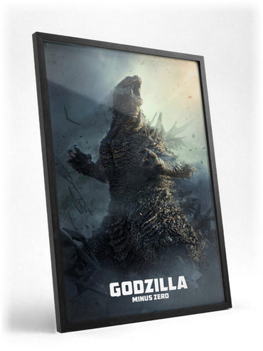 Godzilla Minus Zero (2026) Movie Key Art poster in a black frame with glass leaning against a wall