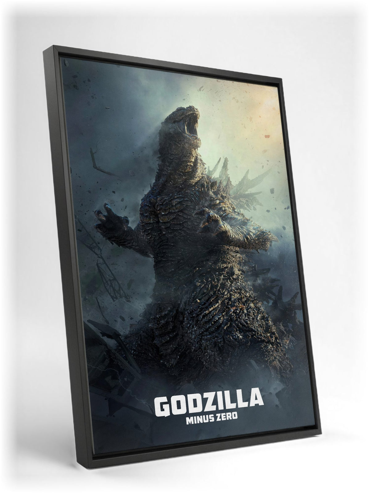 Godzilla Minus Zero (2026) Movie Key Art as a black floater framed canvas leaning against a wall