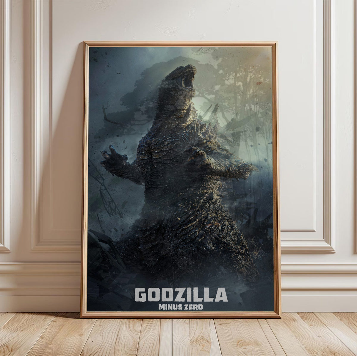 Godzilla Minus Zero (2026) Movie Key Art poster in a light oak frame leaning against a white wall