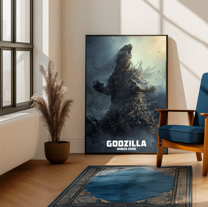 Godzilla Minus Zero (2026) Movie Key Art poster framed beside a blue armchair in a sunlit room
