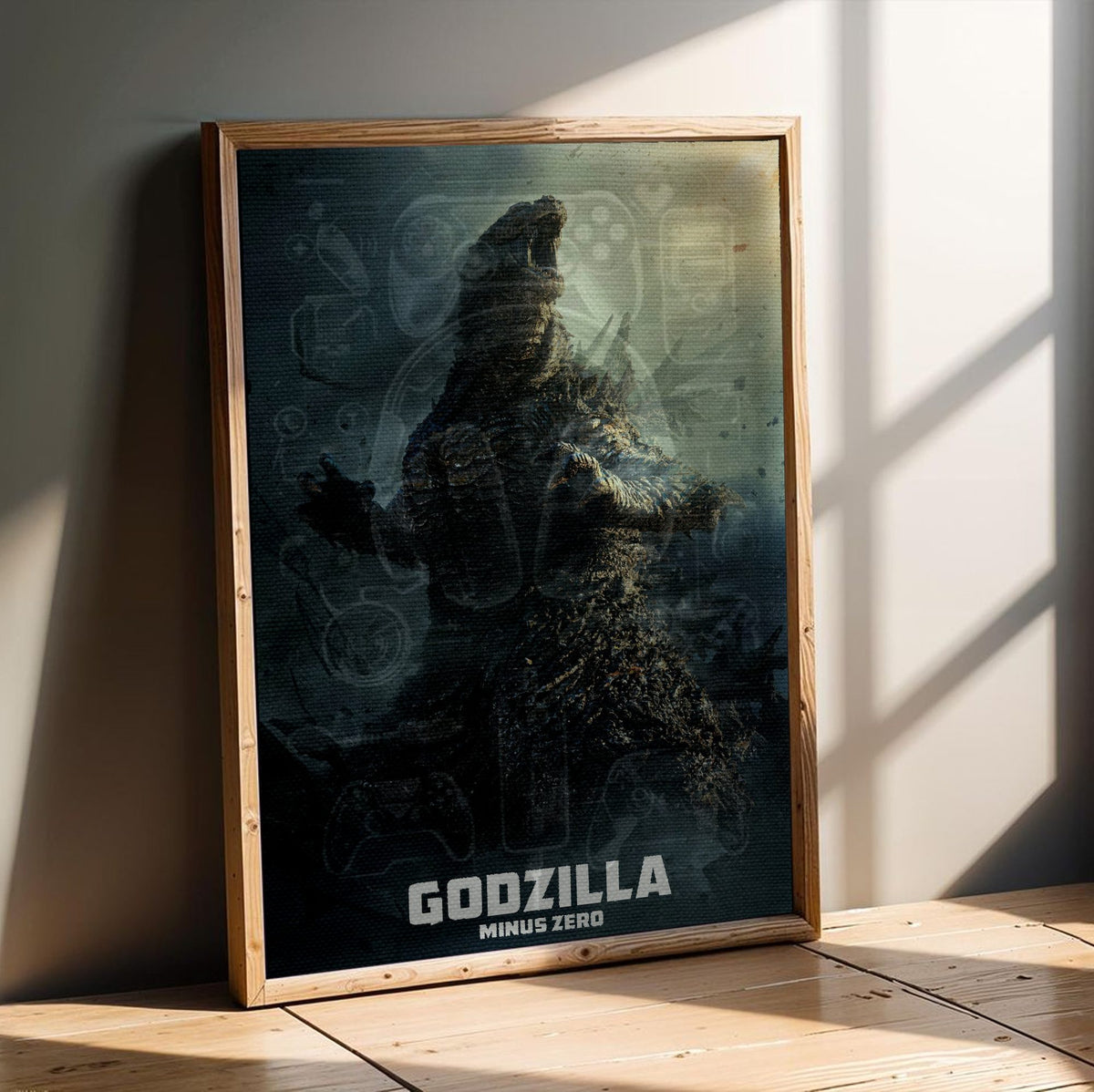 Godzilla Minus Zero (2026) Movie Key Art poster in an oak frame leaning on a wooden floor