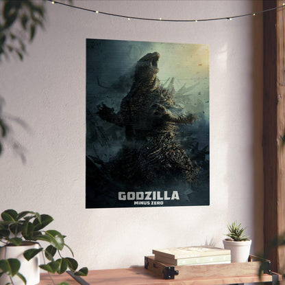 Godzilla Minus Zero (2026) Movie Key Art poster unframed on a white wall above a desk