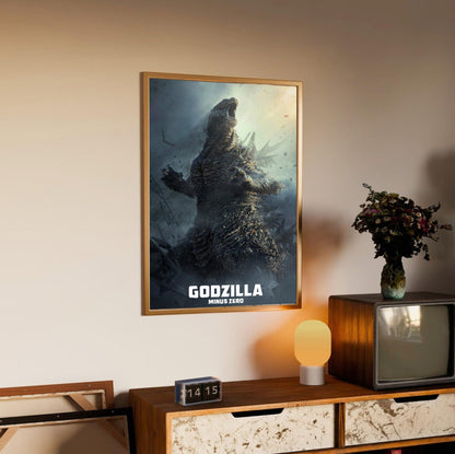 Godzilla Minus Zero (2026) Movie Key Art poster in an oak frame above a sideboard