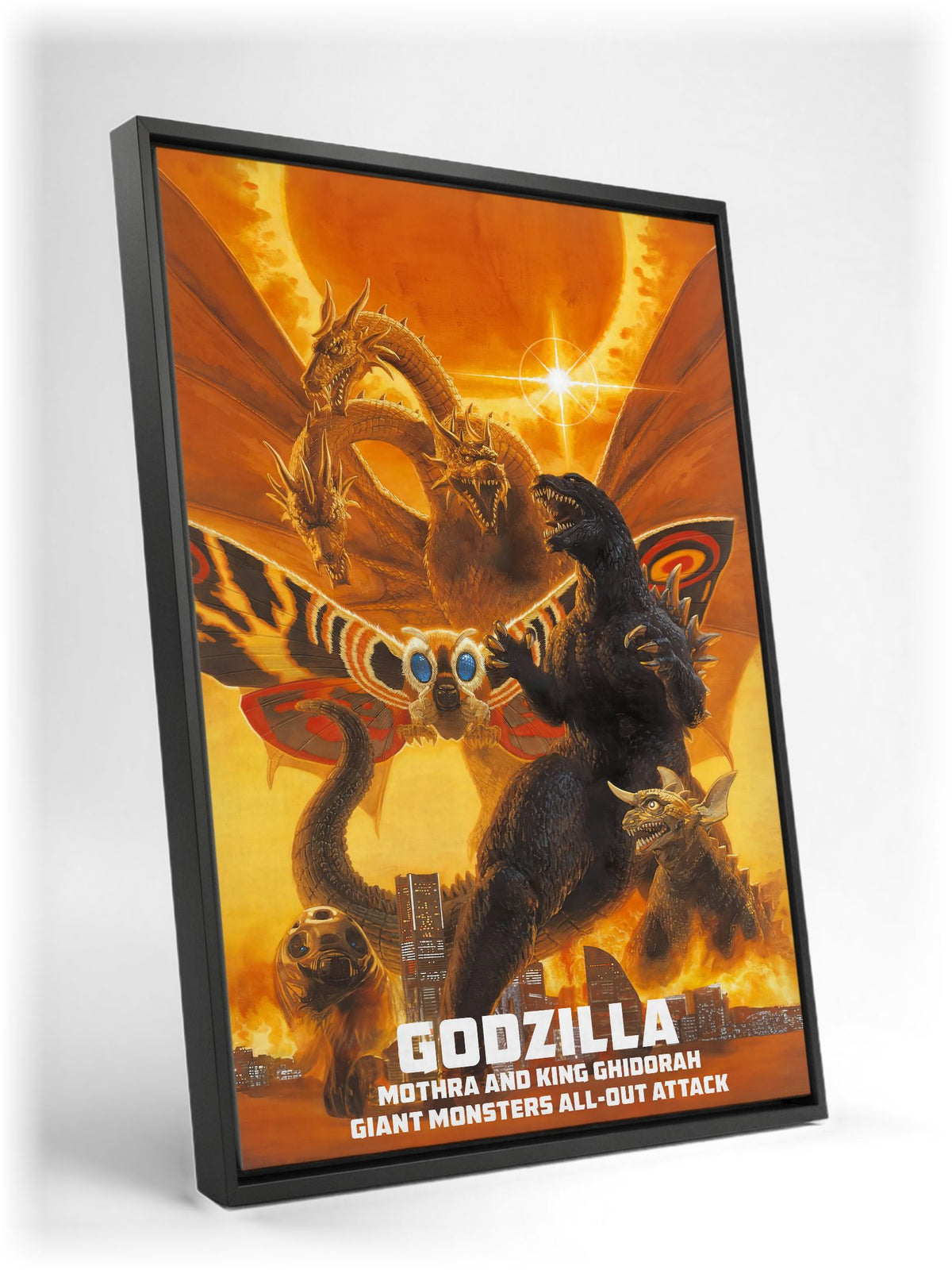 Godzilla, Mothra and King Ghidorah: Giant Monsters All-Out Attack (2001) Poster | Kaiju Wall Art Key Art as a black floater framed canvas leaning against a wall