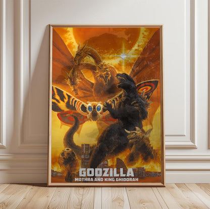 Godzilla, Mothra and King Ghidorah: Giant Monsters All-Out Attack (2001) Poster | Kaiju Wall Art Key Art poster in a light oak frame leaning against a white wall