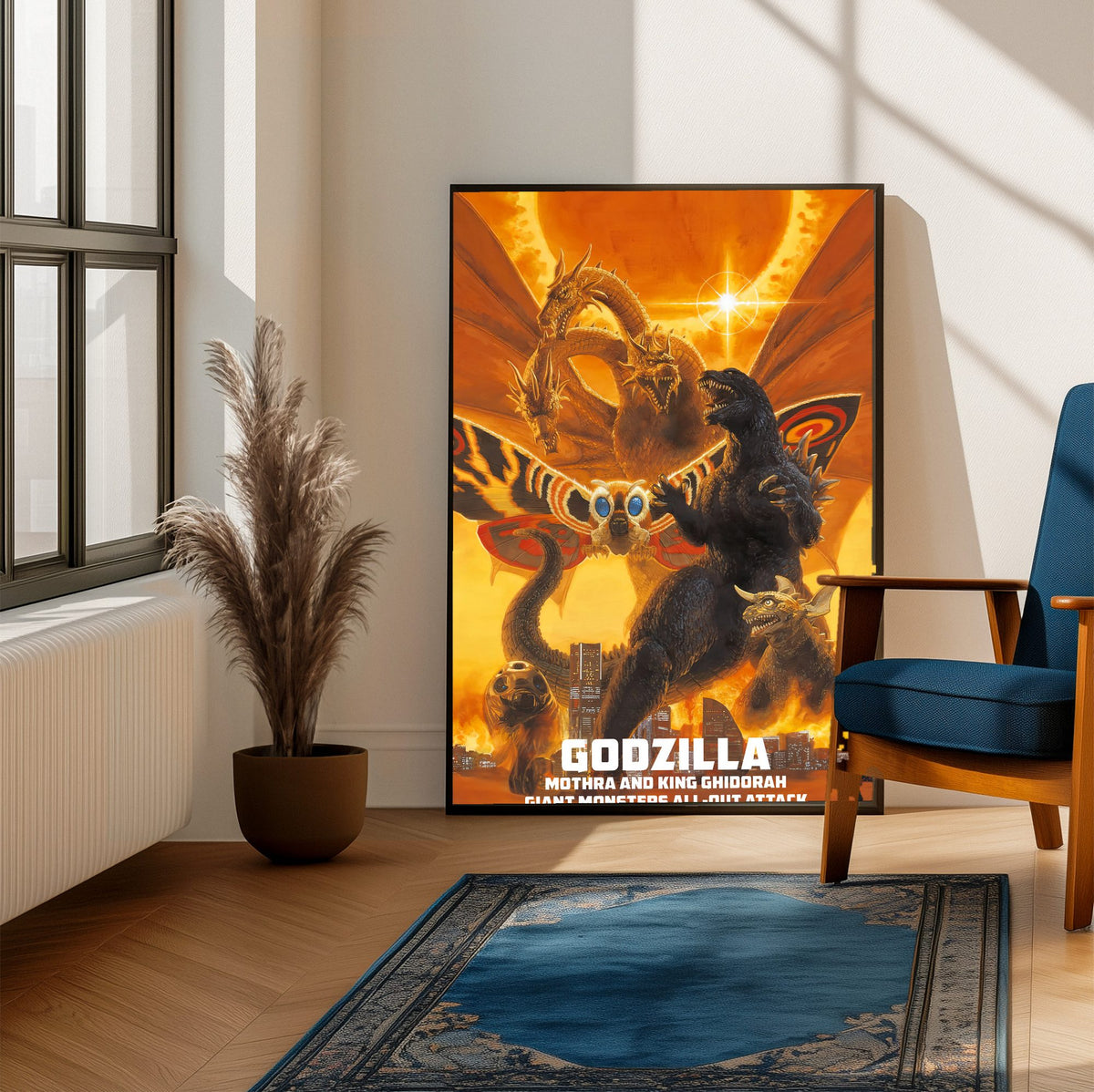 Godzilla, Mothra and King Ghidorah: Giant Monsters All-Out Attack (2001) Poster | Kaiju Wall Art Key Art poster framed beside a blue armchair in a sunlit room