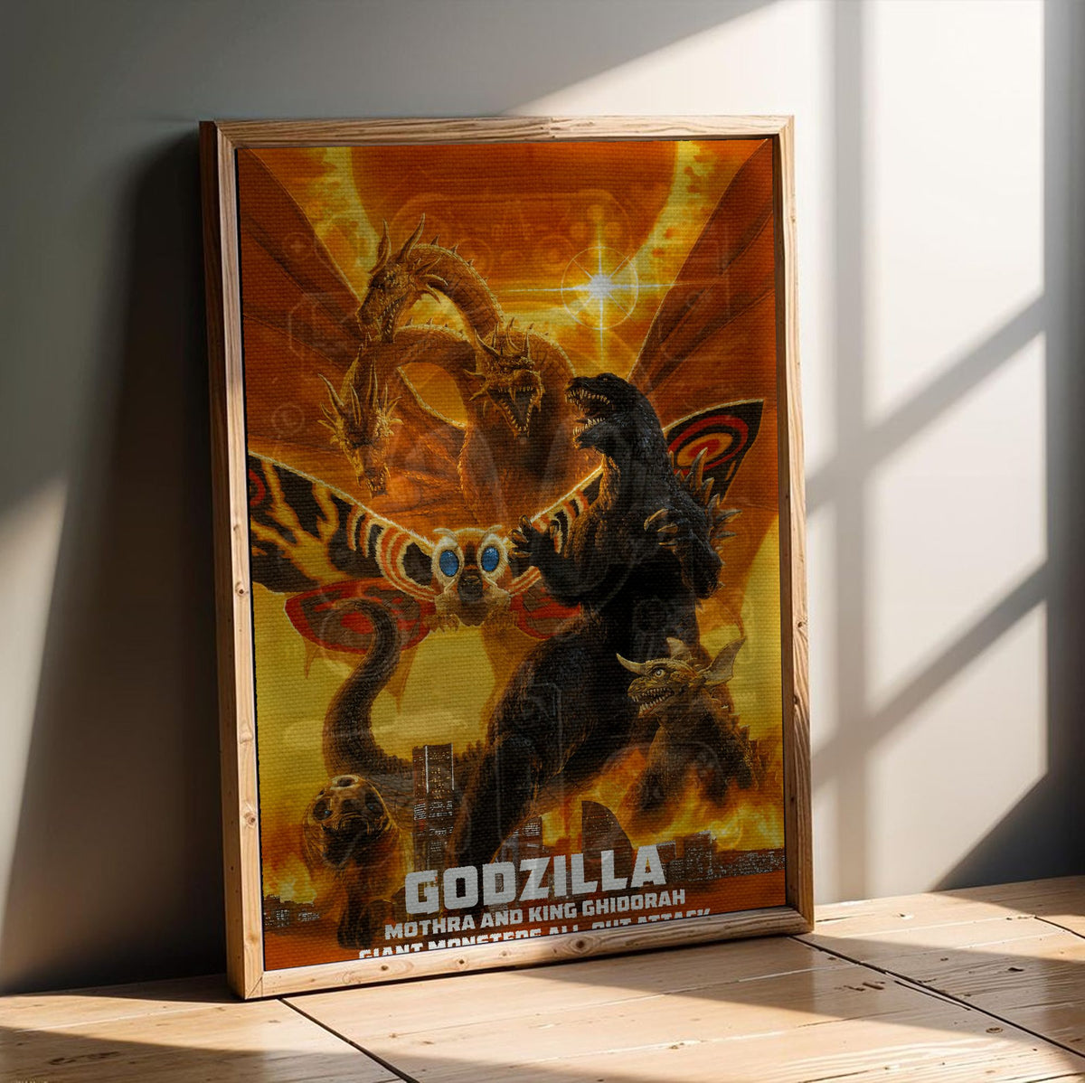 Godzilla, Mothra and King Ghidorah: Giant Monsters All-Out Attack (2001) Poster | Kaiju Wall Art Key Art poster in an oak frame leaning on a wooden floor