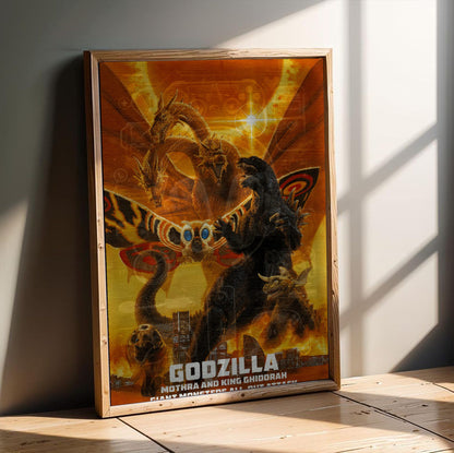Godzilla, Mothra and King Ghidorah: Giant Monsters All-Out Attack (2001) Poster | Kaiju Wall Art Key Art poster in an oak frame leaning on a wooden floor