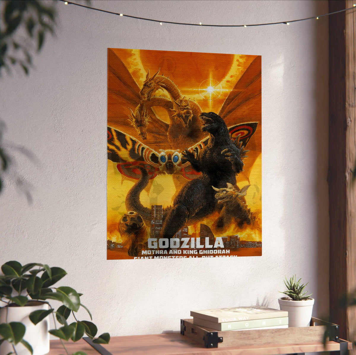 Godzilla, Mothra and King Ghidorah: Giant Monsters All-Out Attack (2001) Poster | Kaiju Wall Art Key Art poster unframed on a white wall above a desk
