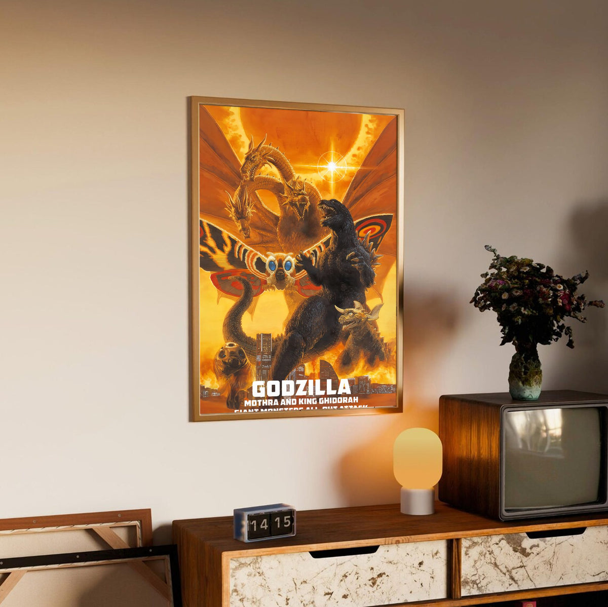 Godzilla, Mothra and King Ghidorah: Giant Monsters All-Out Attack (2001) Poster | Kaiju Wall Art Key Art poster in an oak frame above a sideboard