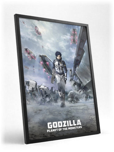 Godzilla: Planet of the Monsters (2017) Movie Key Art poster in a black frame with glass leaning against a wall