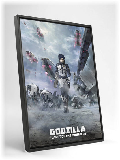Godzilla: Planet of the Monsters (2017) Movie Key Art as a black floater framed canvas leaning against a wall
