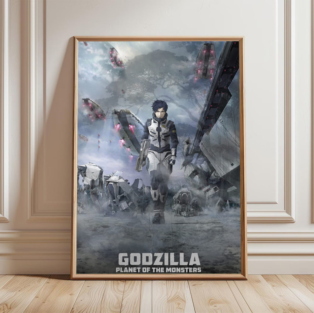 Godzilla: Planet of the Monsters (2017) Movie Key Art poster in a light oak frame leaning against a white wall