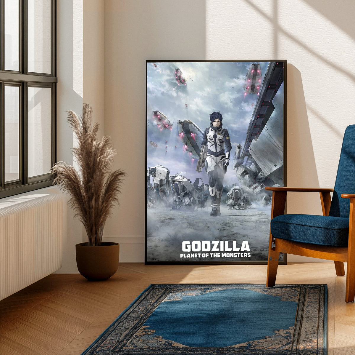 Godzilla: Planet of the Monsters (2017) Movie Key Art poster framed beside a blue armchair in a sunlit room