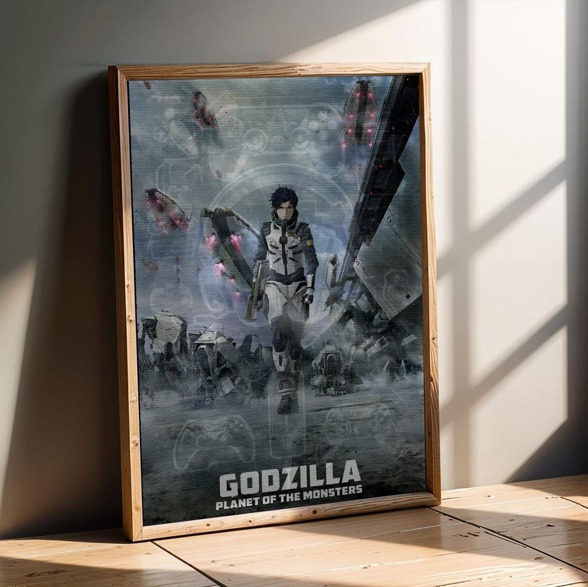 Godzilla: Planet of the Monsters (2017) Movie Key Art poster in an oak frame leaning on a wooden floor