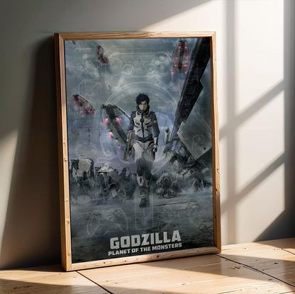Godzilla: Planet of the Monsters (2017) Movie Key Art poster in an oak frame leaning on a wooden floor