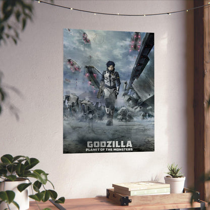 Godzilla: Planet of the Monsters (2017) Movie Key Art poster unframed on a white wall above a desk