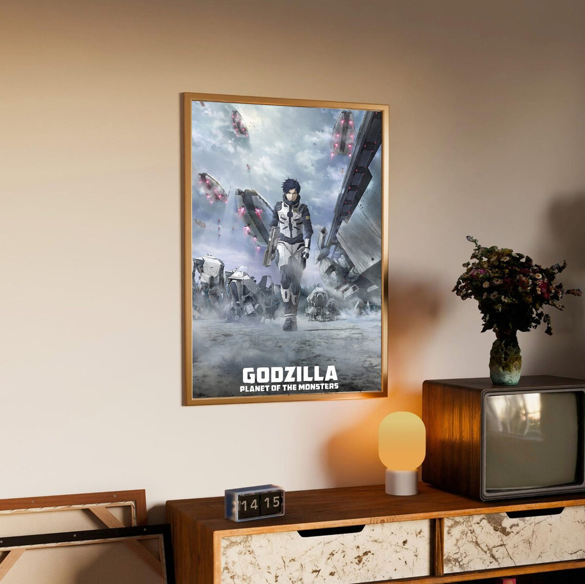Godzilla: Planet of the Monsters (2017) Movie Key Art poster in an oak frame above a sideboard