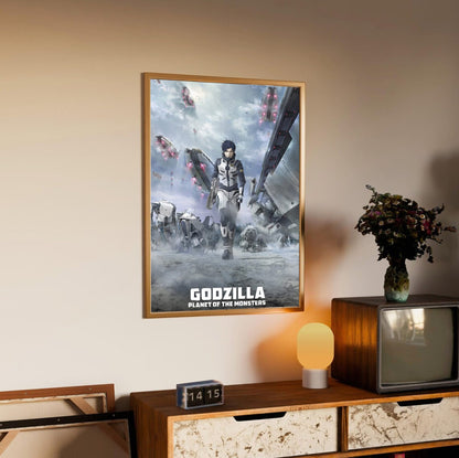 Godzilla: Planet of the Monsters (2017) Movie Key Art poster in an oak frame above a sideboard