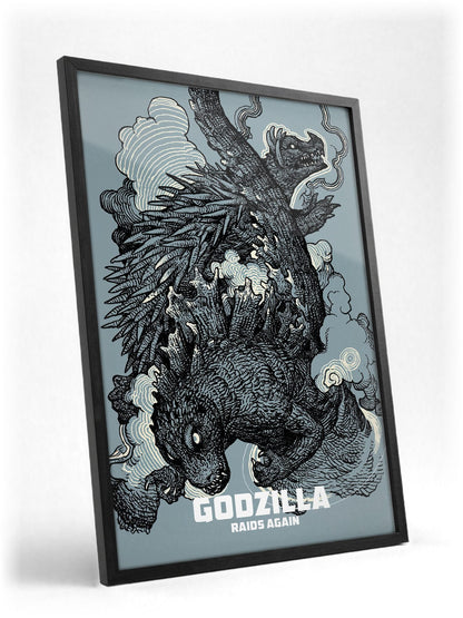 Godzilla Raids Again (1955) Movie Ink Illustration Art poster in a black frame with glass leaning against a wall