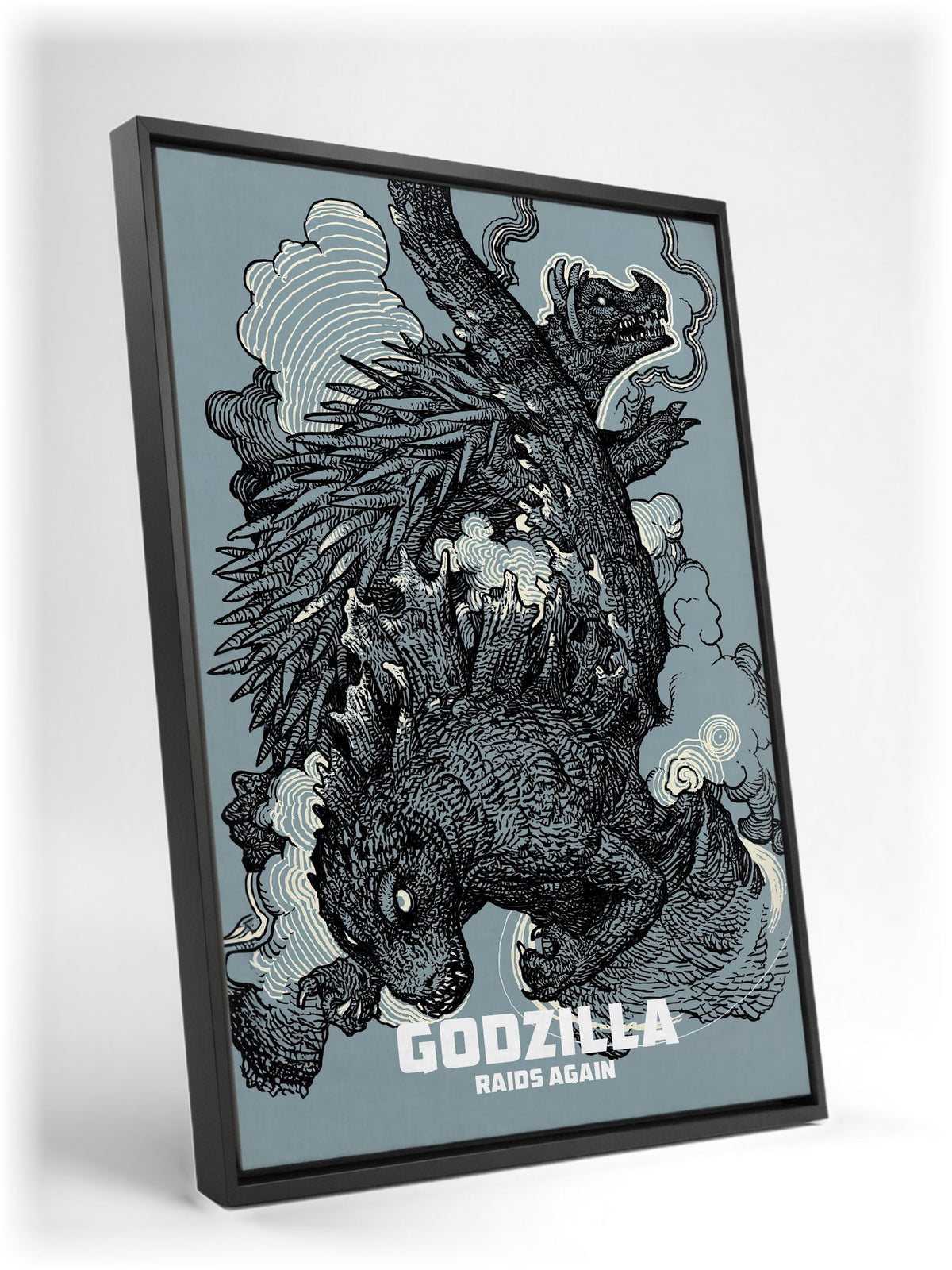 Godzilla Raids Again (1955) Movie Ink Illustration Art as a black floater framed canvas leaning against a wall