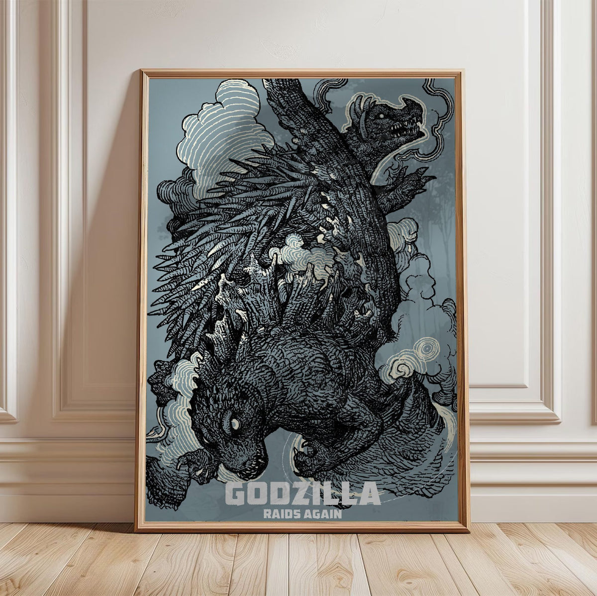 Godzilla Raids Again (1955) Movie Ink Illustration Art poster in a light oak frame leaning against a white wall