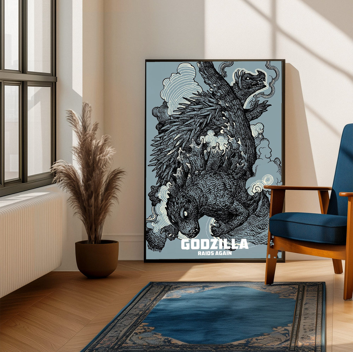Godzilla Raids Again (1955) Movie Ink Illustration Art poster framed beside a blue armchair in a sunlit room