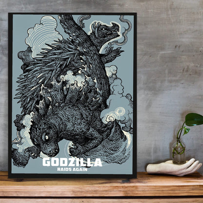 Godzilla Raids Again (1955) Movie Ink Illustration Art poster in a black frame on a wooden shelf against concrete
