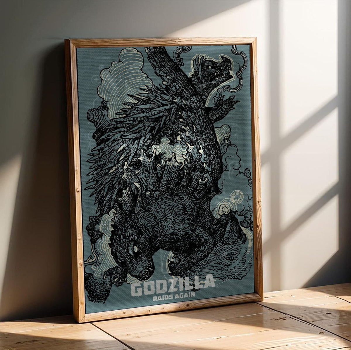 Godzilla Raids Again (1955) Movie Ink Illustration Art poster in an oak frame leaning on a wooden floor