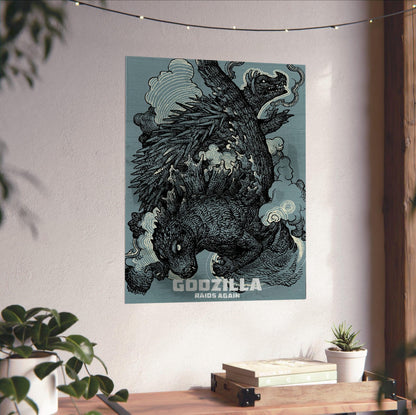 Godzilla Raids Again (1955) Movie Ink Illustration Art poster unframed on a white wall above a desk