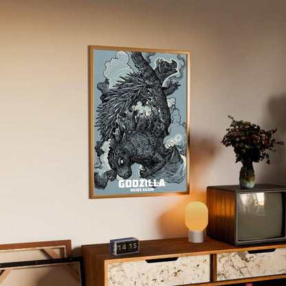 Godzilla Raids Again (1955) Movie Ink Illustration Art poster in an oak frame above a sideboard