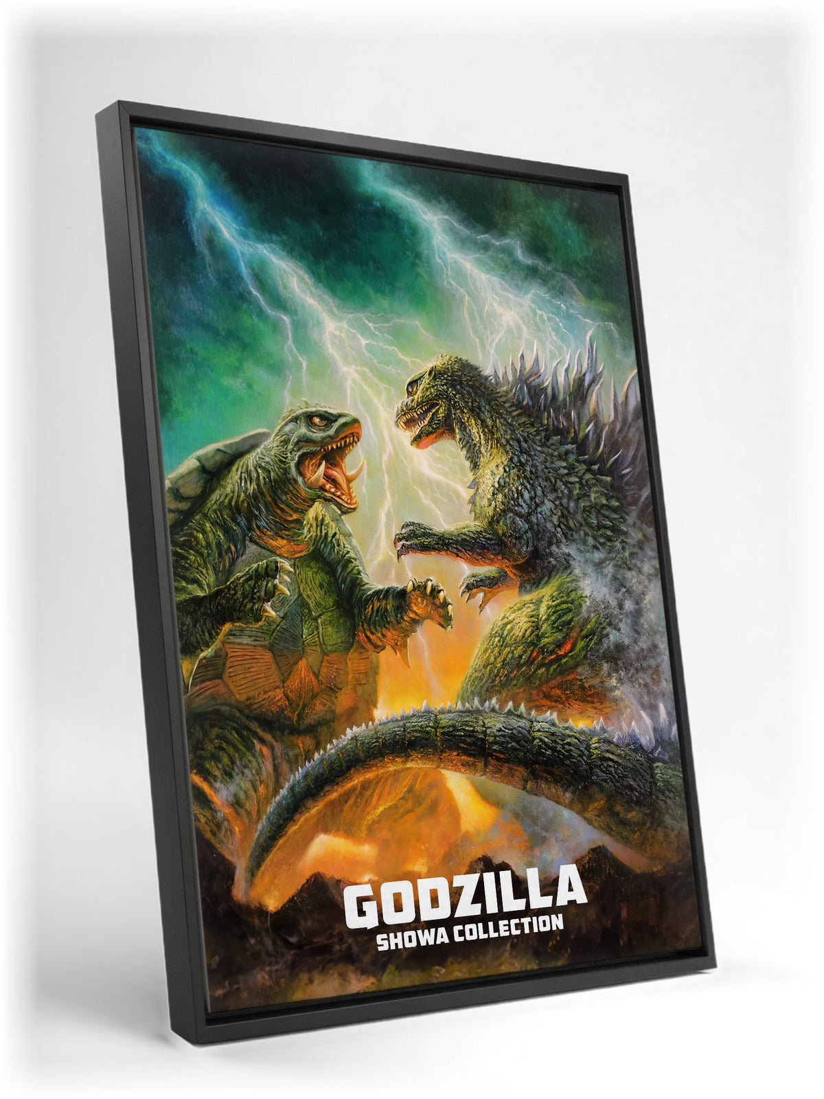 Godzilla Showa Era Movie Collection Art as a black floater framed canvas leaning against a wall