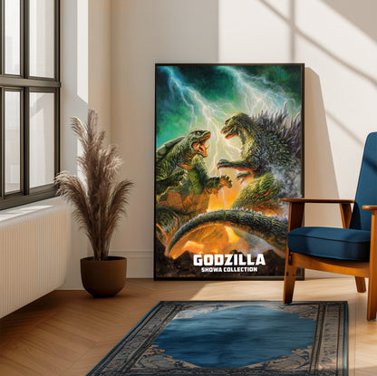 Godzilla Showa Era Movie Collection Art poster framed beside a blue armchair in a sunlit room